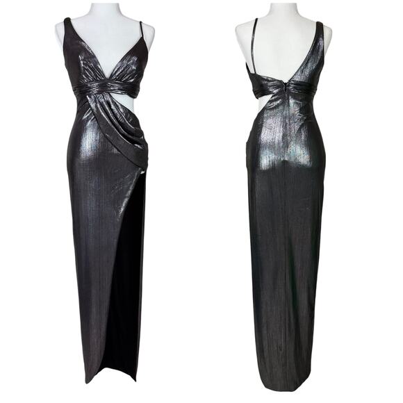 Mac Duggal NWT Silver Metallic Stretch Jersey Dress Cutout High Slit Size 2 - Picture 1 of 8
